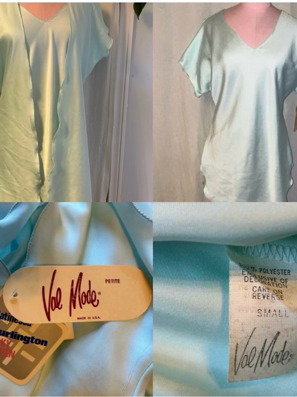 Vintage NEW Val Mode Light Aqua Satin V-Neck Sleep lingerie Top and matching rob